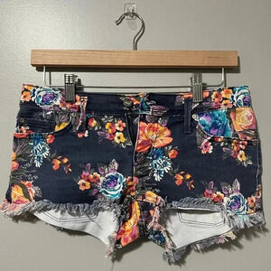 Roxy Denim Floral Print Raw Hem Shorts